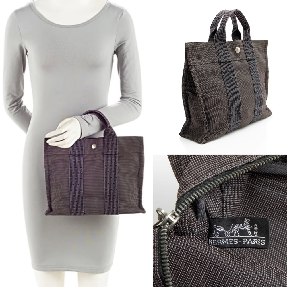 HERMES Canvas Herline PM Tote Handbag Grey H Web Stripes